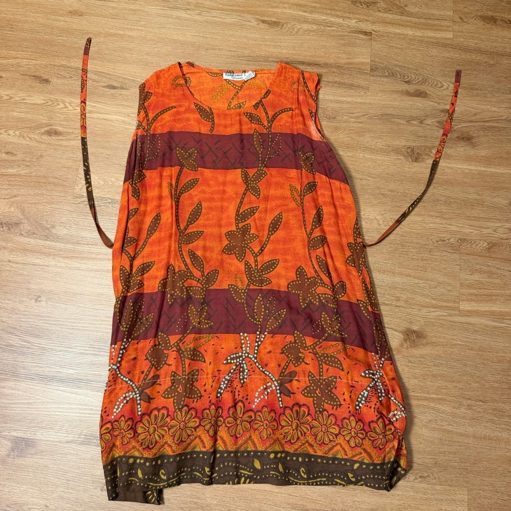 California Dreams Maxi Flowers Print Dress Orange Sleevless Resort Tie 3x